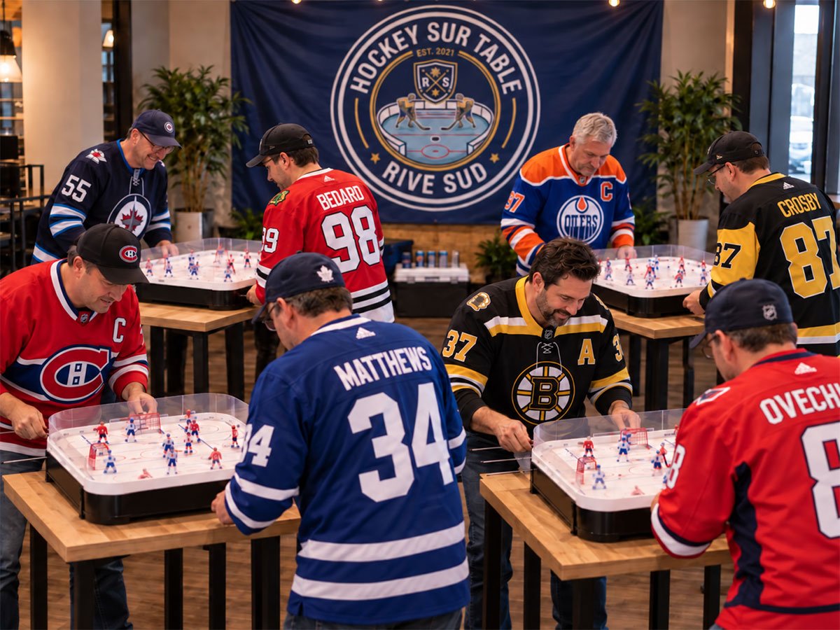 Joueurs de hockey sur table de la ligue Hockey sur Table Rive-Sud en pleine partie